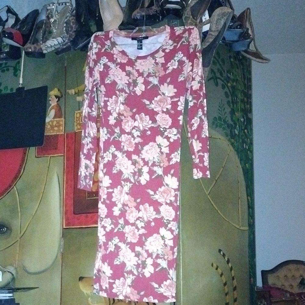 Forever 21 Red and Cream Floral Long Sleeve Dress
